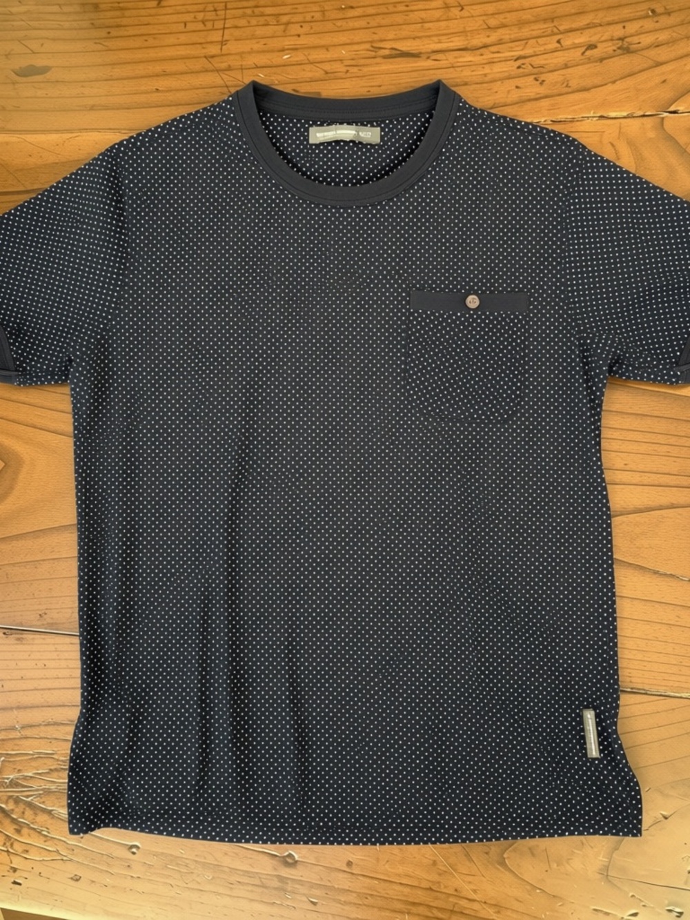French Connection Navy Blue Micro Polka Dot Button Pocket Tee Shirt Size M